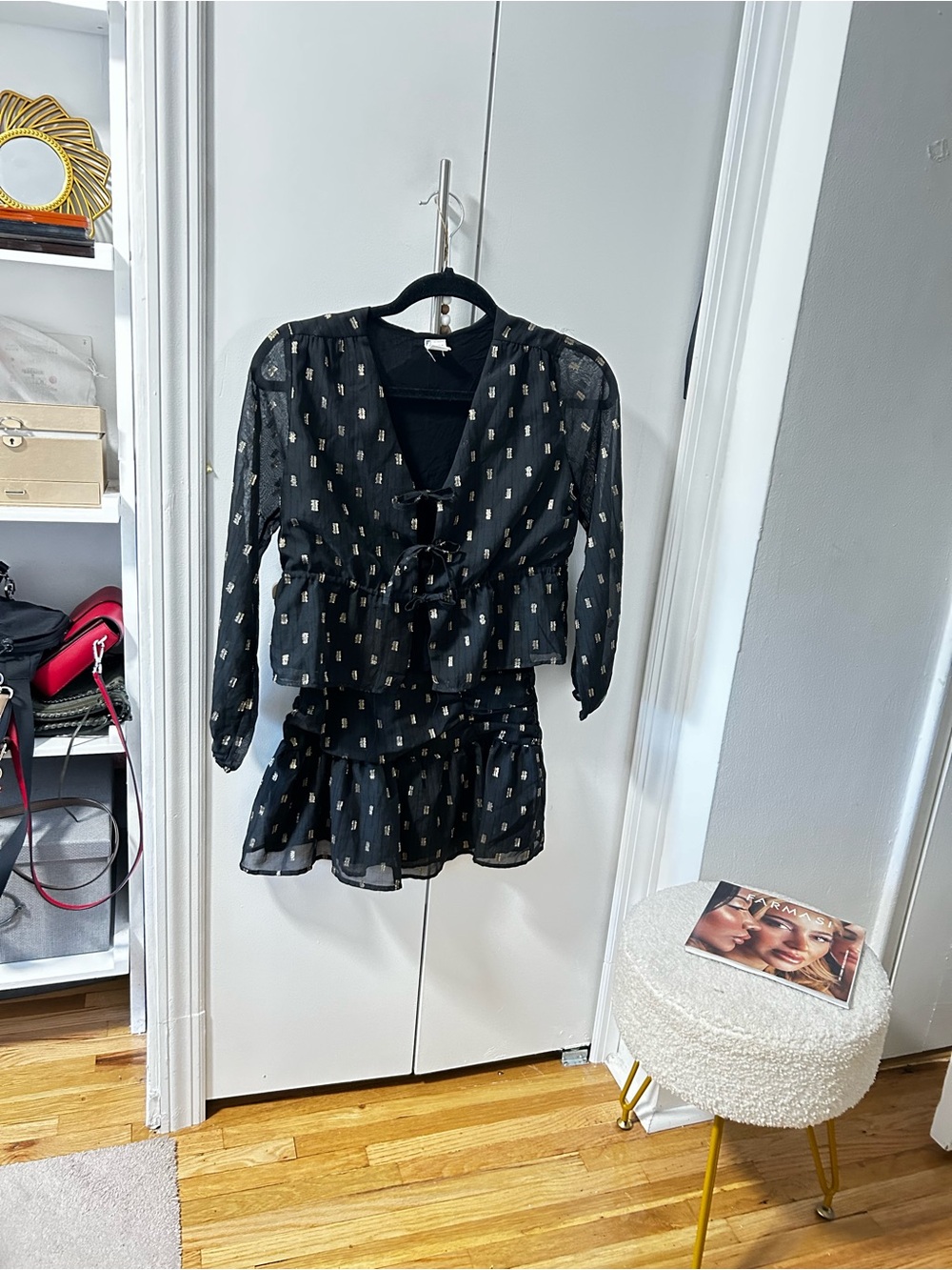 Zara preteen set black  Shee blouse and mini skirt  with gold accents. Preowned.